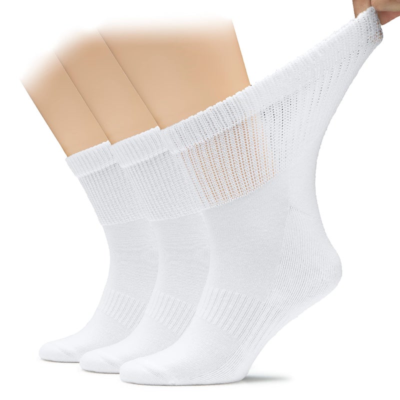 Hugh Ugoli Men's Cotton Diabetic Ankle Socks, Wide, Loose and Stretchy, Seamless Toe & Non Binding Top, Semi Cushion, 3 Pairs, White, Shoe Size: 8-11 - Image 1
